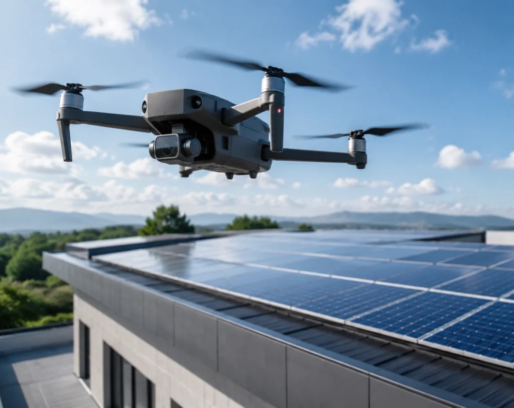 Drone in volo su pannelli fotovoltaici
